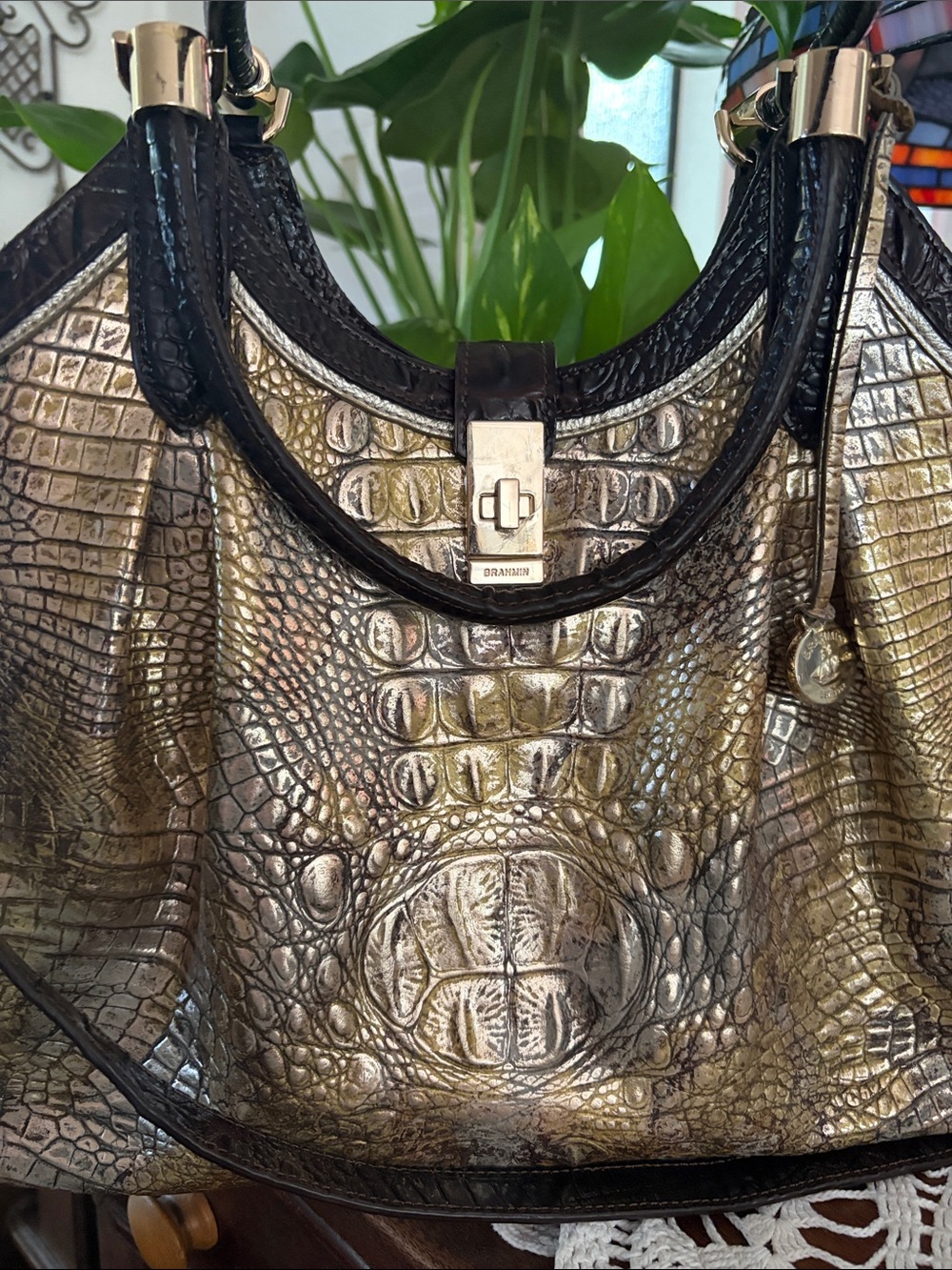 Brahmin Metallic Gold and Black Embossed Shoulder Bag